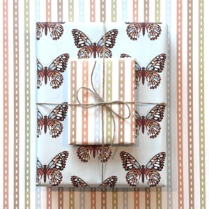 Two gift boxes, one with a butterfly print and the other with a soft stripe