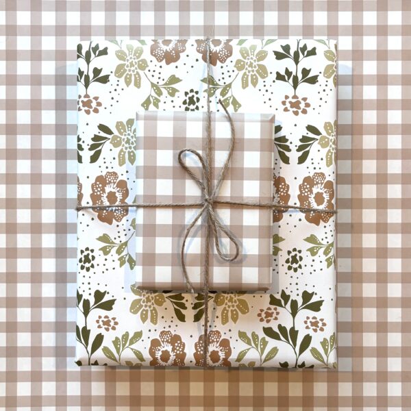 Double Sided Wrapping Paper in Tan Floral-Gingham