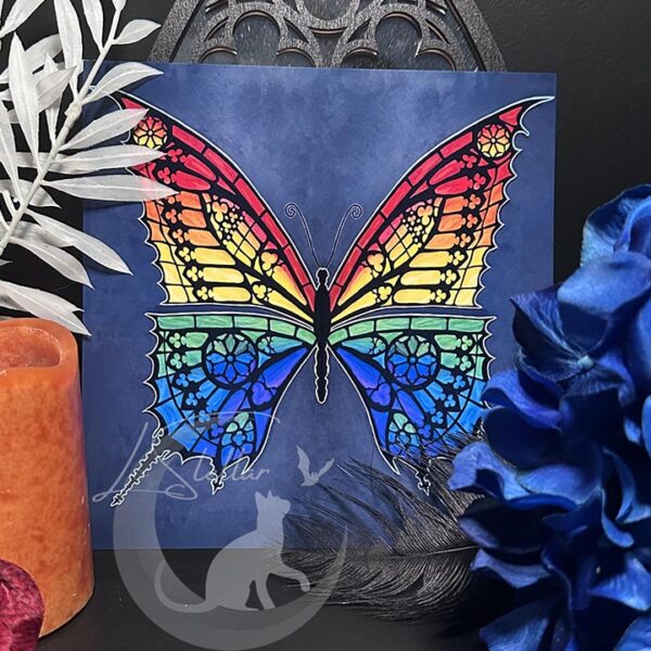 Pride Butterfly Artwork, Handpainted Stained Glass Gothic Tracery Print
