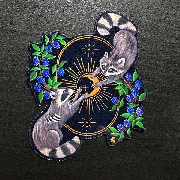 Raccoon Art Vinyl Sticker: Gothic Wildlife, Dark Cottagecore Decor – Original Hand Painted Art