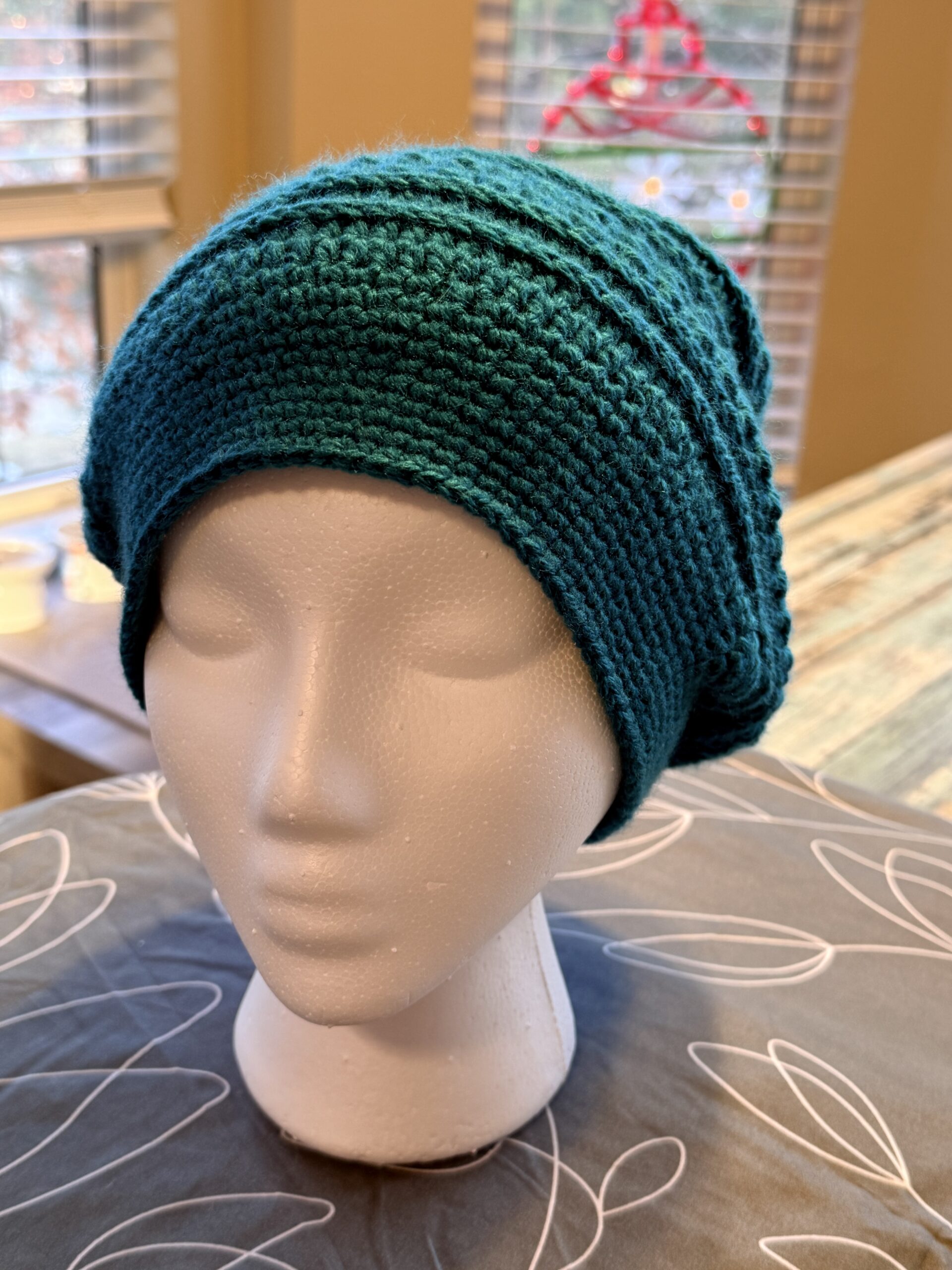 Handmade Teal Crochet Slouch Hat – Cozy Medium Fit - Image 3