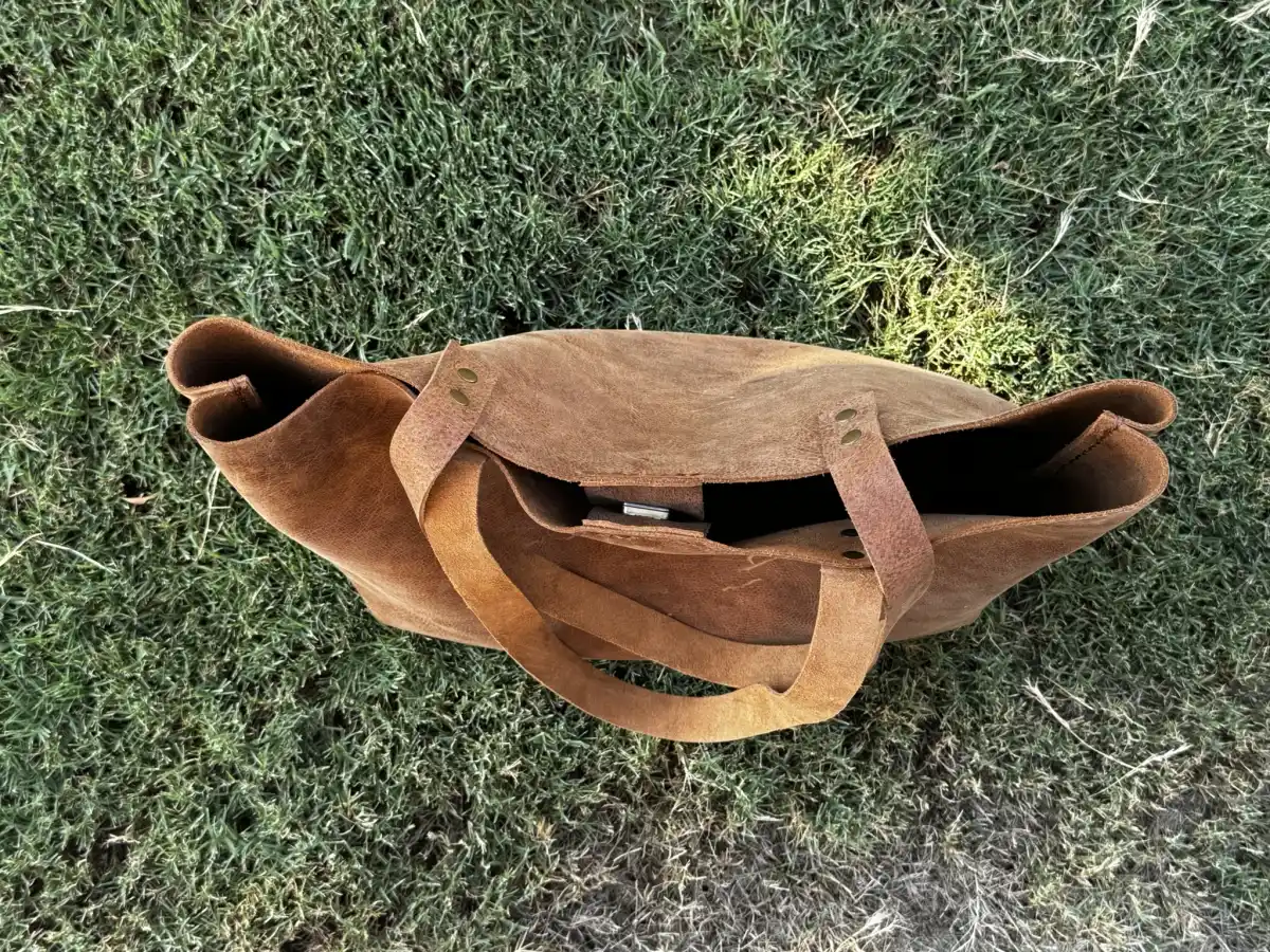 Rustic Brown Durable Buffalo Leather Tote with Magnetic Closure and Brass Feet - Image 7