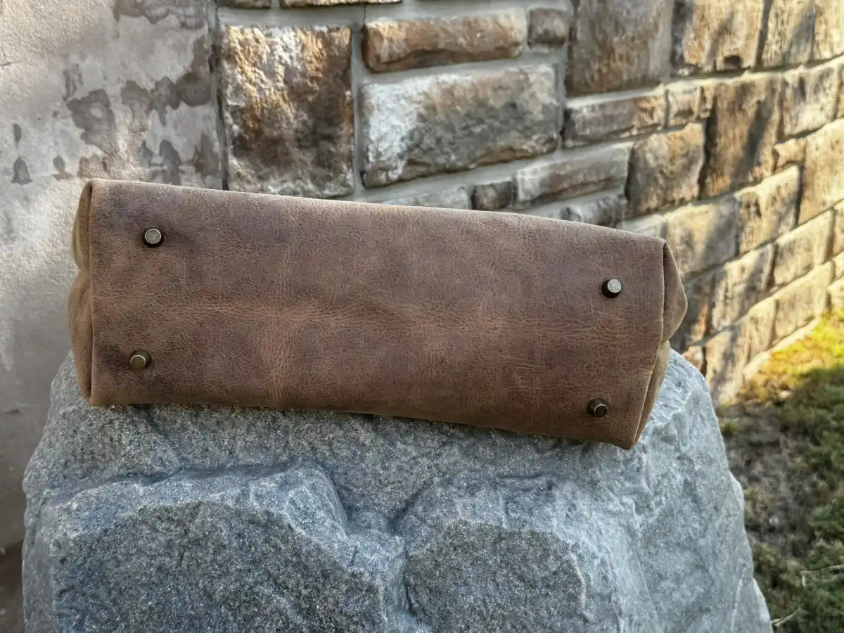 Rustic Brown Durable Buffalo Leather Tote with Magnetic Closure and Brass Feet - Image 9