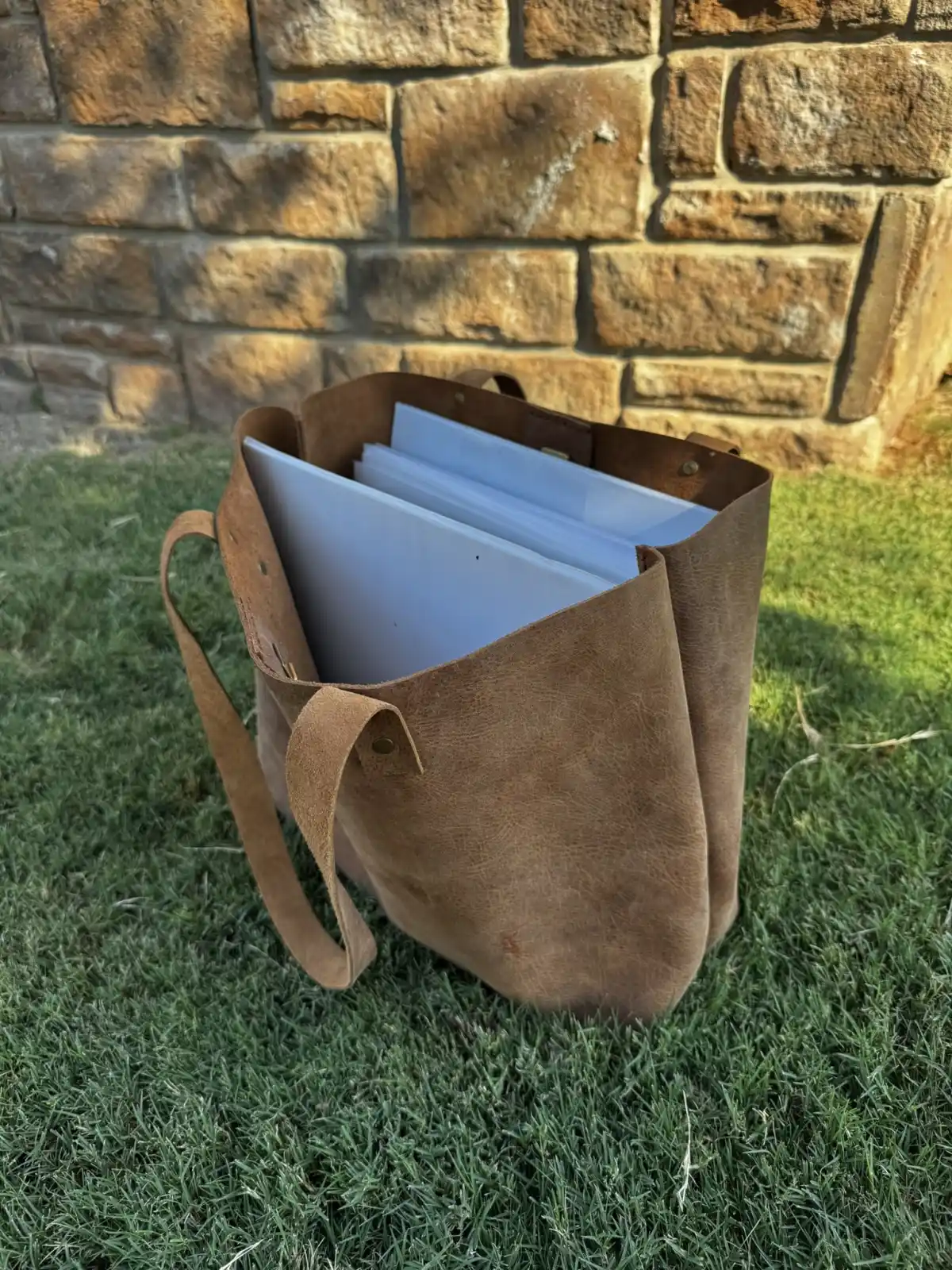 Rustic Brown Durable Buffalo Leather Tote with Magnetic Closure and Brass Feet - Image 15