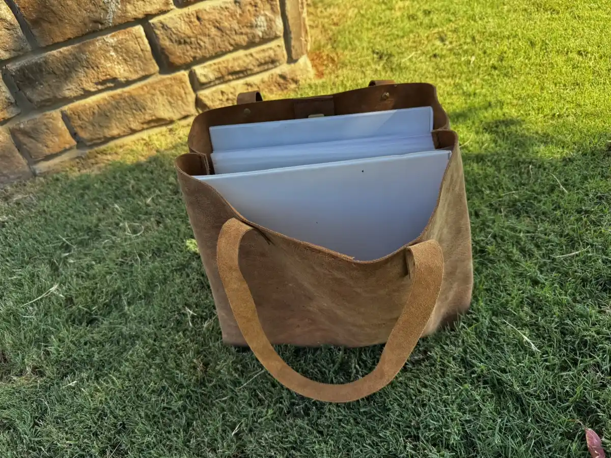 Rustic Brown Durable Buffalo Leather Tote with Magnetic Closure and Brass Feet - Image 16