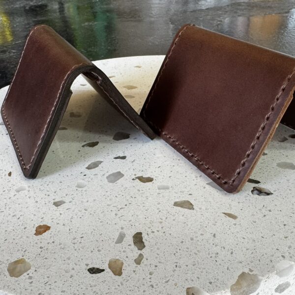 Handmade Folding Leather Card Wallet with Two Pockets Holding Six Cards or More plus Cash