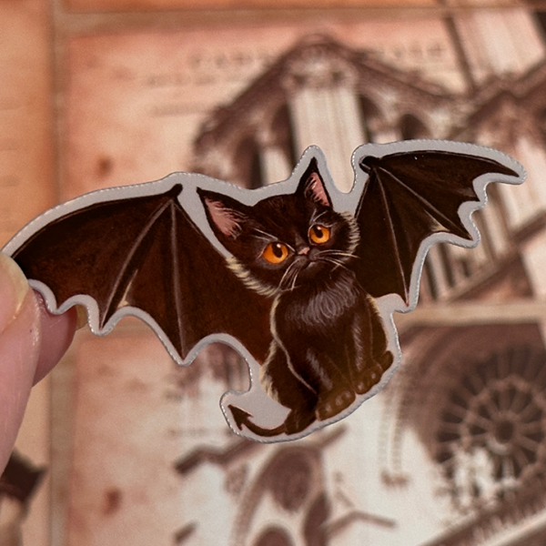 Batcat Art Vinyl Sticker: Gothic Whimsical Cat Decal, Original Hand-Painted Art