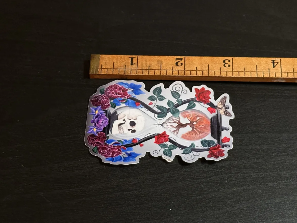 Memento Mori Vinyl Sticker: Gothic Skull, Dark Floral, Clear/Holographic, Hand-Painted Art - Image 4