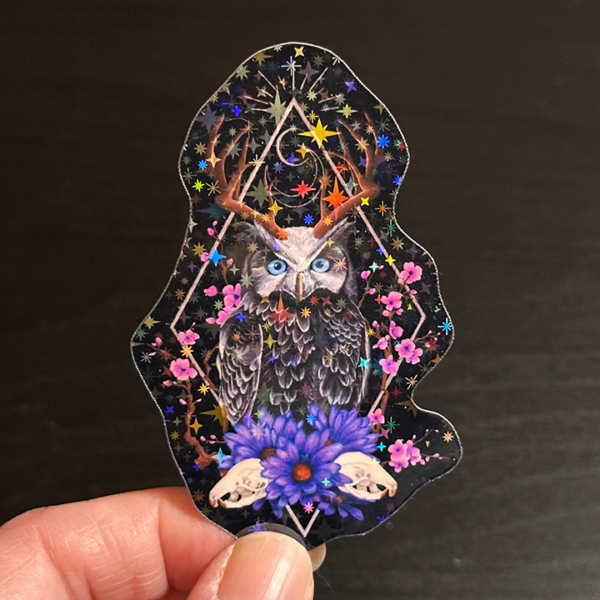 Dark Fantasy Owl Art Vinyl Sticker: Floral Horned Animal Decal, Original Hand-Painted Art