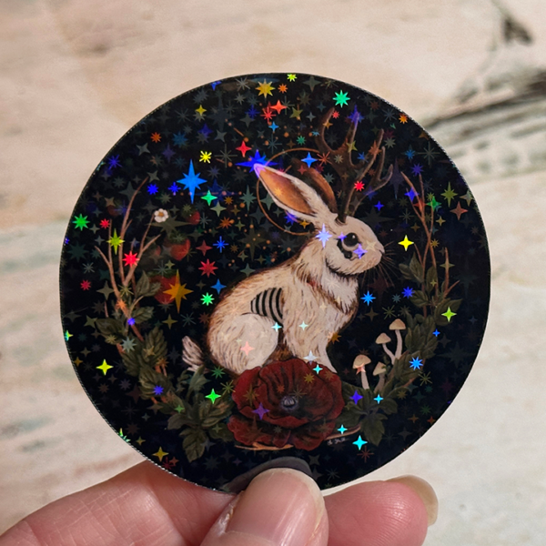Jackalope Art Vinyl Sticker: Gothic Cryptid Rabbit, Dark Cottagecore Decor – Original Hand Painted Art