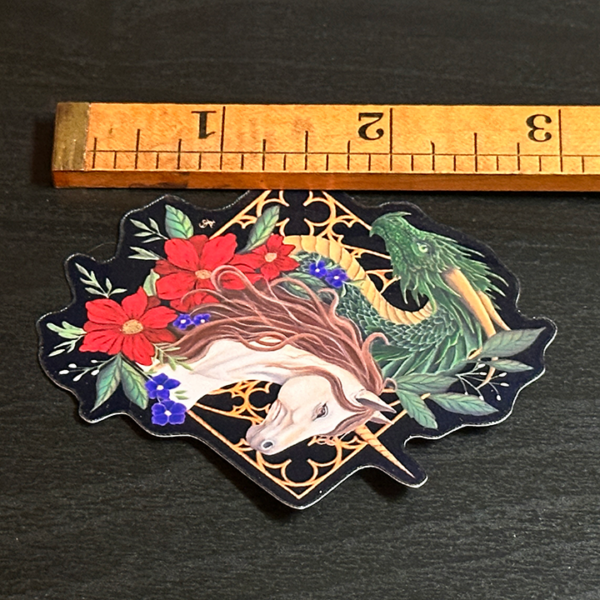 Fantasy Unicorn and Dragon Vinyl Sticker: Gothic Cathedral Tracery Decal, Original Hand-Painted Art