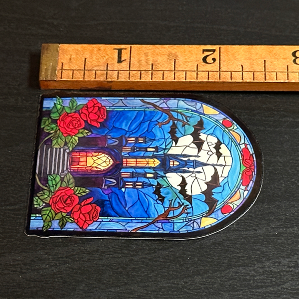 Dracula’s Stained Glass Castle Sticker, Dark Fantasy Art Decal, Original Hand-Painted Art
