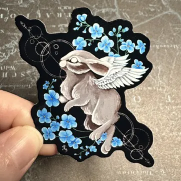 Angel Bunny Art Vinyl Sticker with Forget Me Nots, Original Hand-Painted Art