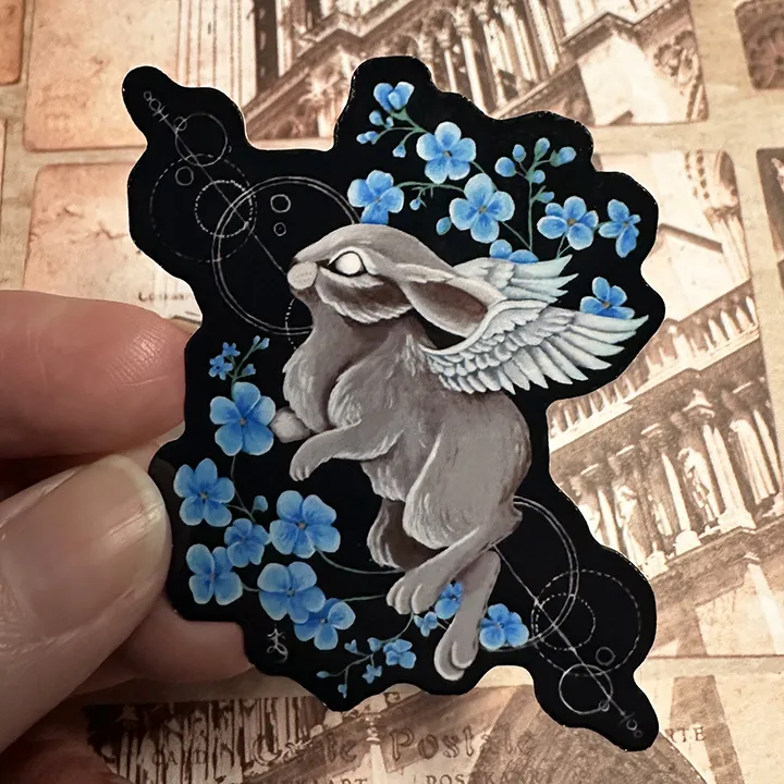 Angel Bunny Art Vinyl Sticker with Forget Me Nots, Original Hand-Painted Art - Image 3