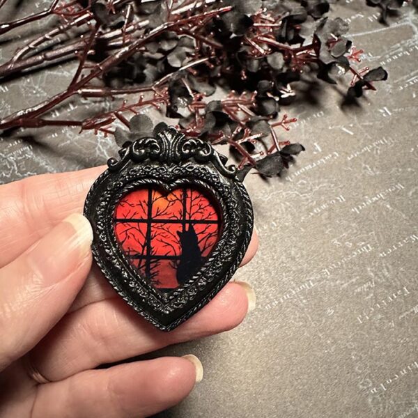 Framed Heart Shaped Magnet with Original Dark Fantasy Cat Art