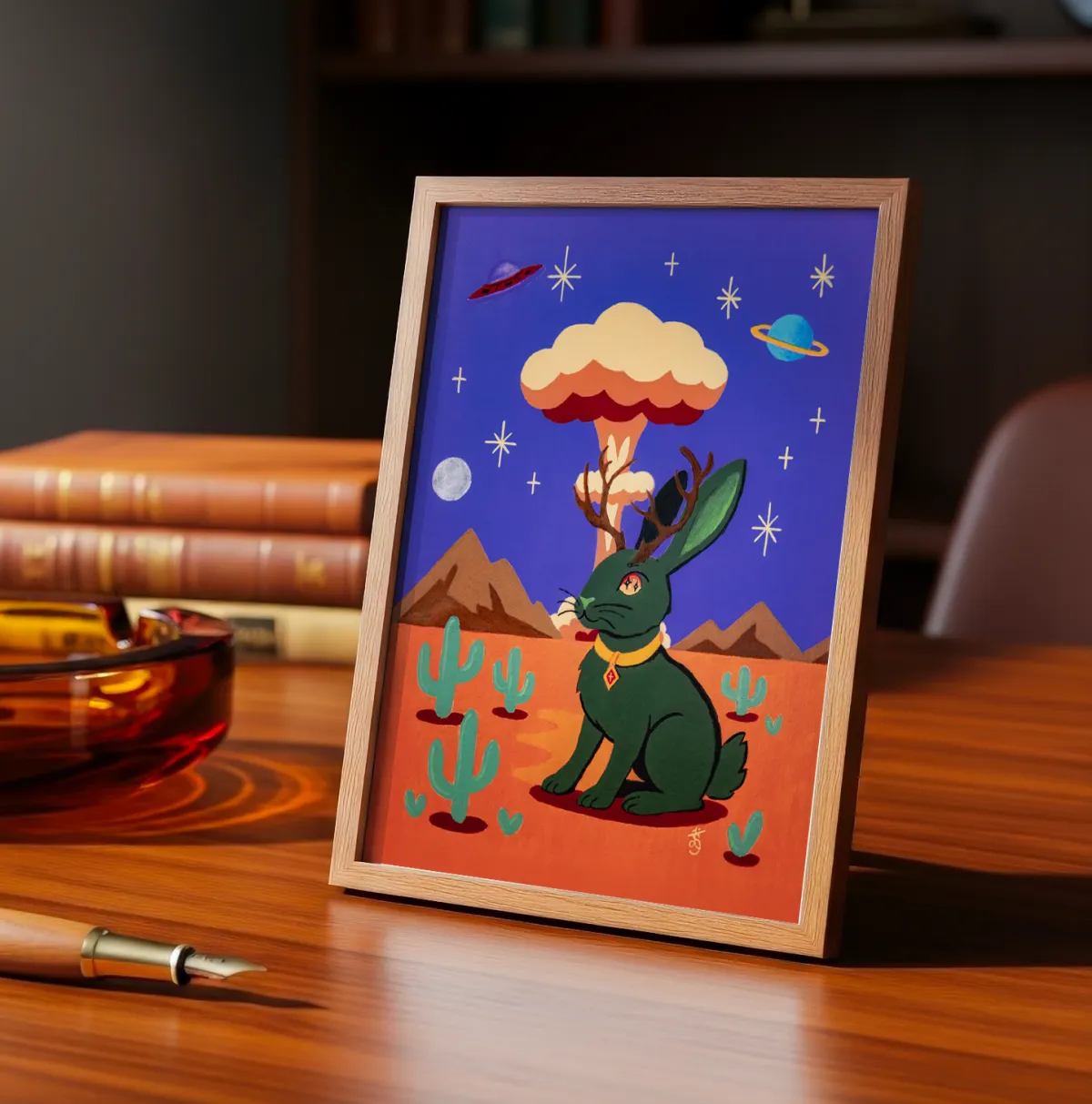 Acrylic Painting of a Jackalope space age theme