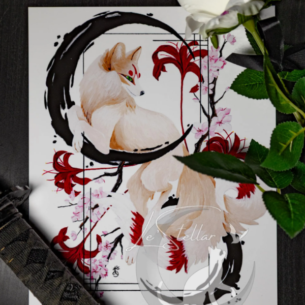 Kitsune Fox Art Print, Japanese Inspired Wall Art, Sumi-e Painting