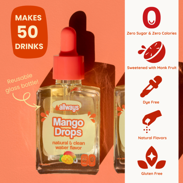 Natural Mango Water Enhancer | Sugar-Free, Zero Calories, Monk Fruit Sweetened | Glass Bottle for On-the-Go Hydration | Kids & Adults | 50 Servings