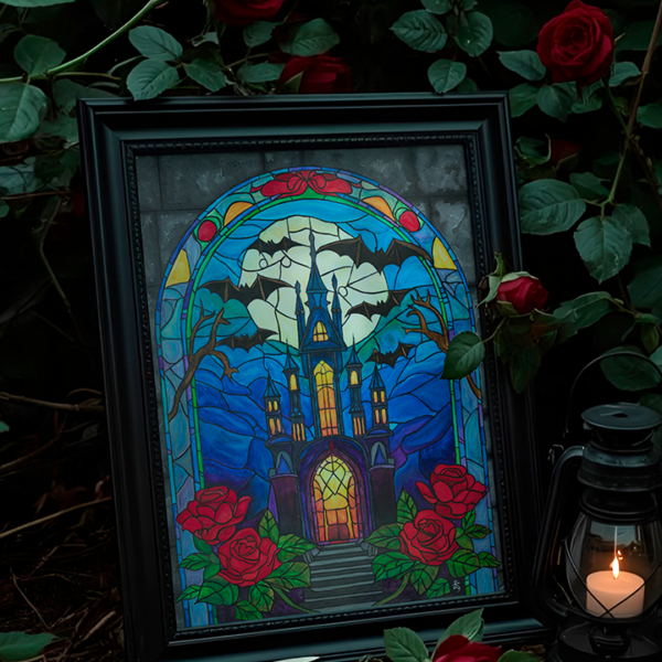 Gothic Castle Stained Glass Acrylic Painting: Dark Fantasy Vampire Decor, Original Hand-Painted Art
