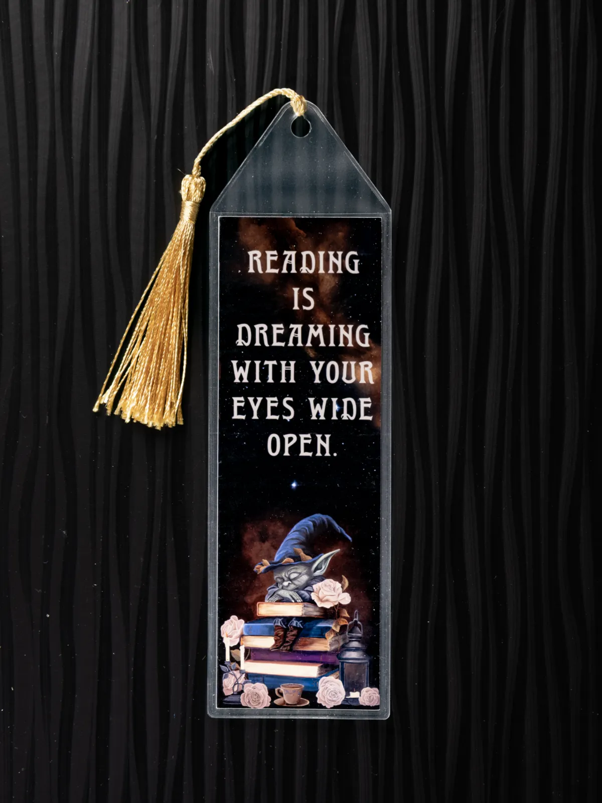 bookmark with original art of book goblin with quote