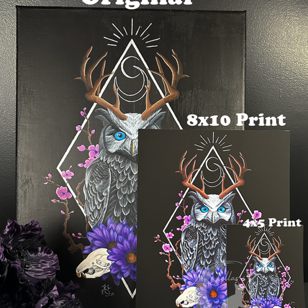 Sacred Owl Art Print: Gothic Forest, Cryptid Dark Fantasy Animal Acrylic Painting