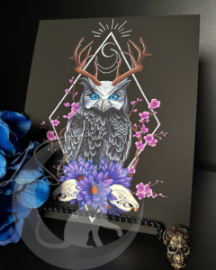 Horned owl and cherry blossom print