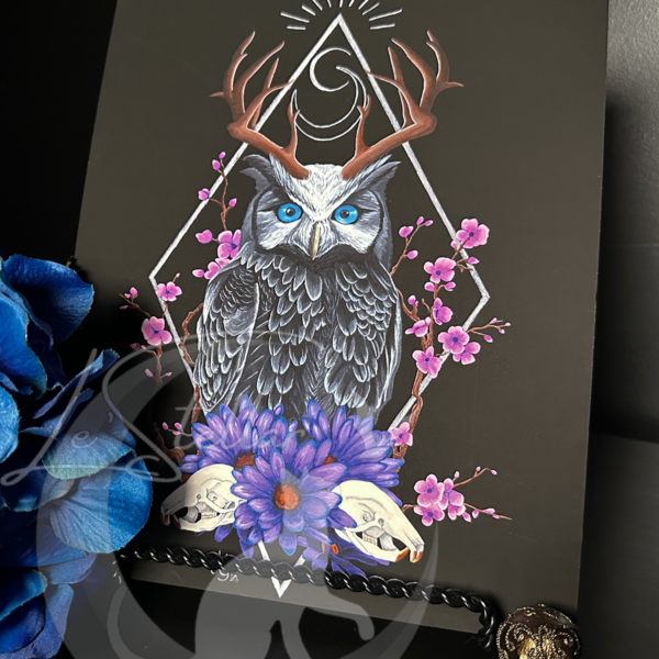 Sacred Owl Art Print: Gothic Forest, Cryptid Dark Fantasy Animal Acrylic Painting