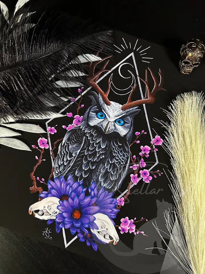 gray owl with blue eyes