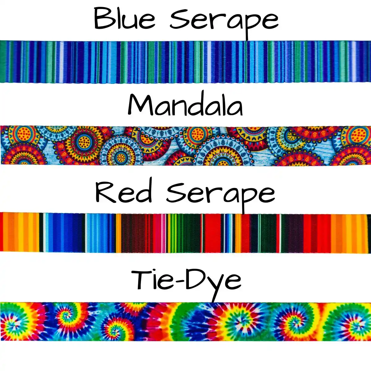 color samples of blue serape, mandala, red serape, and tie dye