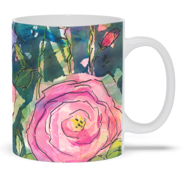 Full bloom mug, pink flowers and green background