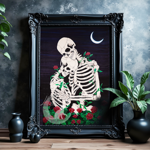 Skeleton and Roses Acrylic Painting: Romantic Gothic Print, Original Hand-Painted Art