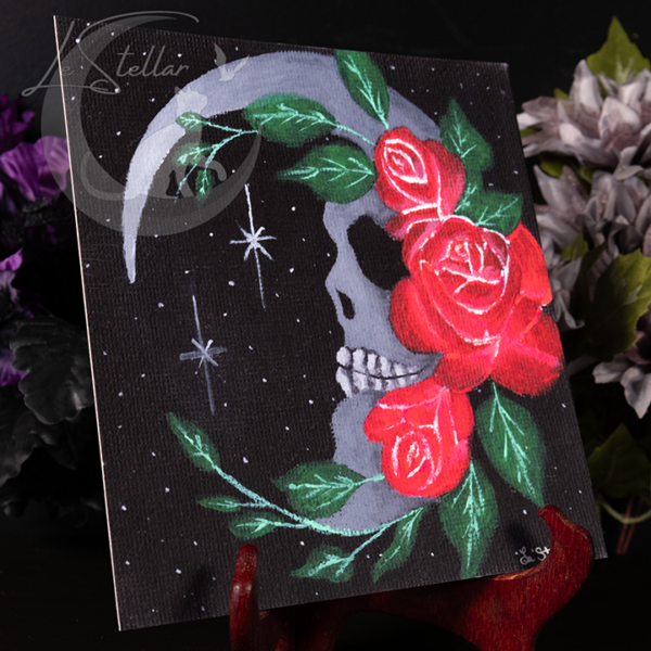 Skull Moon and Roses Art Print: Gothic Floral Home Acrylic Painting Decor