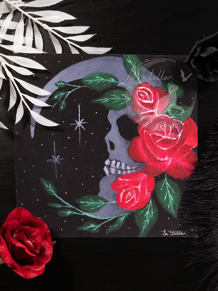 Skull Moon and Roses Art Print: Gothic Floral Home Acrylic Painting Decor - Image 3