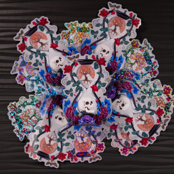 Memento Mori Vinyl Sticker: Gothic Skull, Dark Floral, Clear/Holographic, Hand-Painted Art