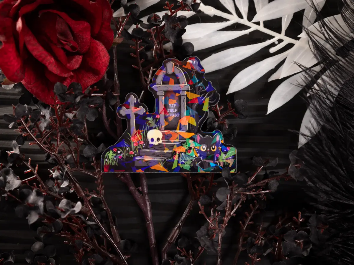 Holographic laptop sticker with a gravestone