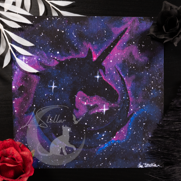 Unicorn Painting, Galaxy Artwork, Blue and Purple Mythical Space Print, Magical Celestial Wall Decor