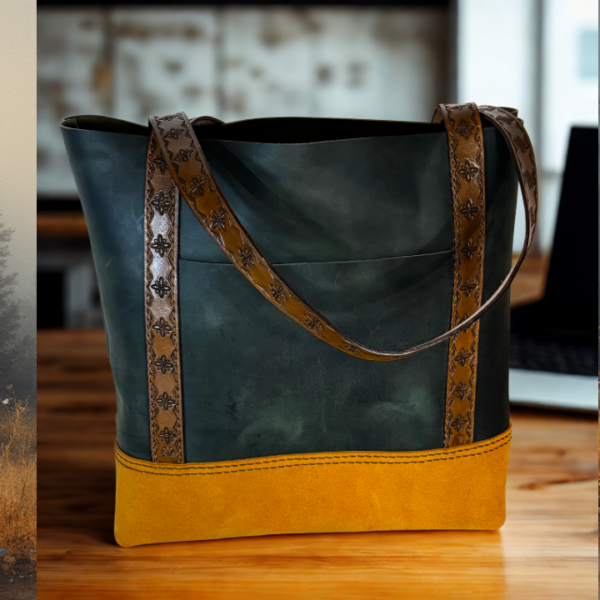One of a Kind Handmade Earthtone Leather Tote with Stamped Leather Handles and Brass Feet
