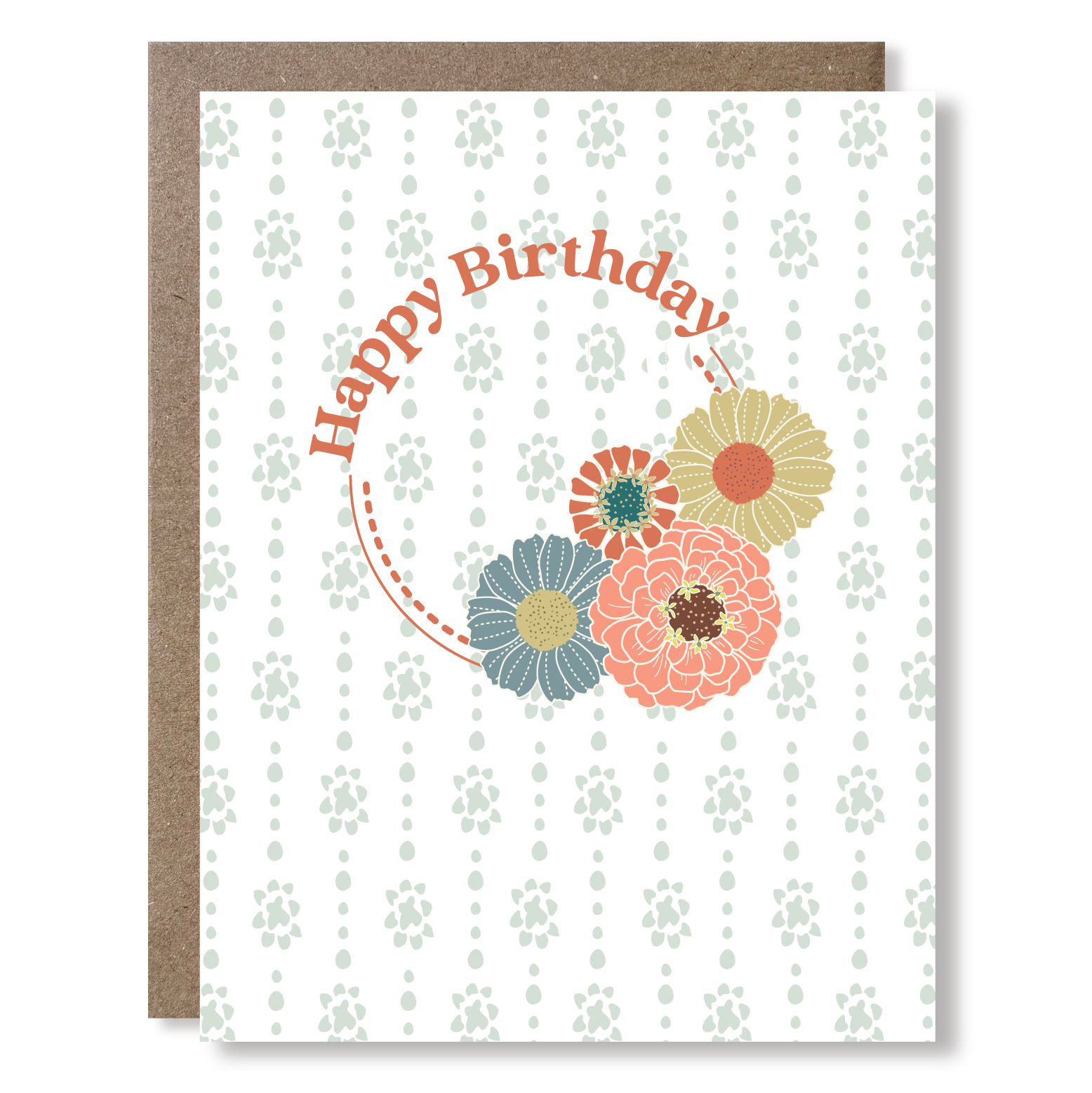 Greeting card with a floral print and text reading Happy Birthday