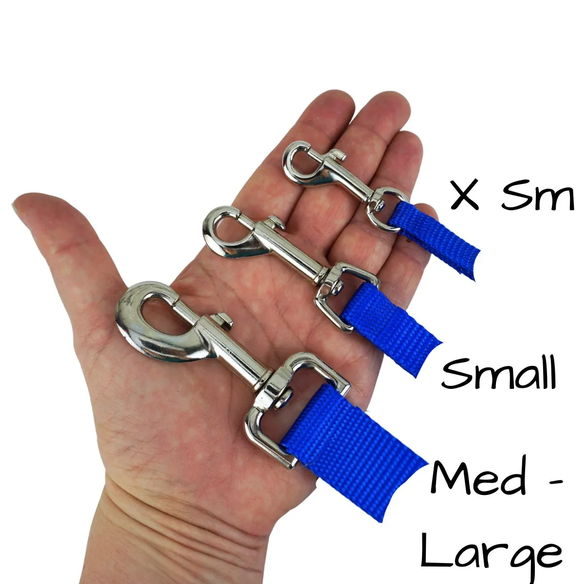 comparison of swivel snap bolts for extra small dogs, small dogs, and medium to large dogs.