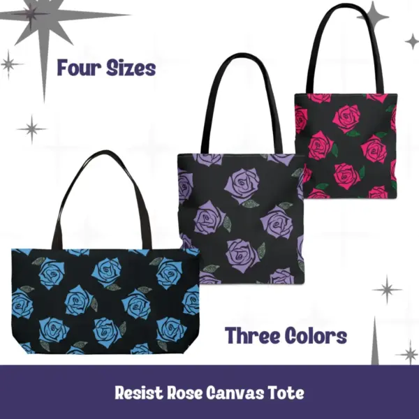 Resist Rose Pattern Tote Bag – Black Floral Statement Carryall, Blue Pink Purple Options