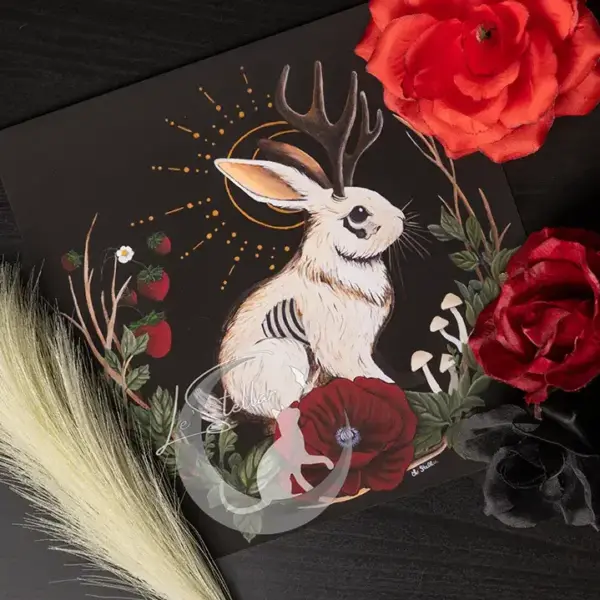 Jackalope Hand-painted Art Print: Gothic Cryptid Rabbit, Dark Cottagecore Decor