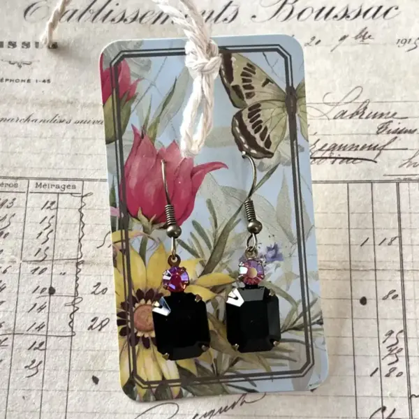 The Sabrina Vintage Black Swarovski and Rose AB Brass Dangle Earrings