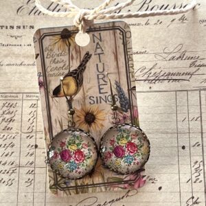 Rose Garden Floral Glass Cabochon Dangle Earrings