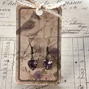 Lavender Hearts Pale Amethyst Heart Brass Dangle Earrings