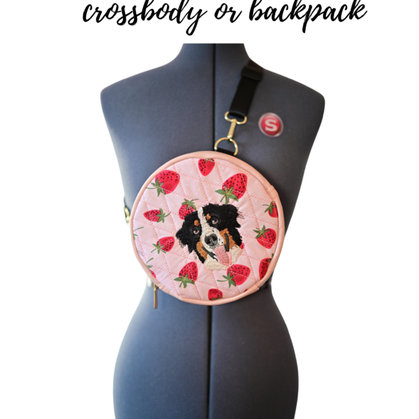Custom Handmade Pet Portrait Mini Bag – Round Convertible Strawberry Quilted Mini Bag