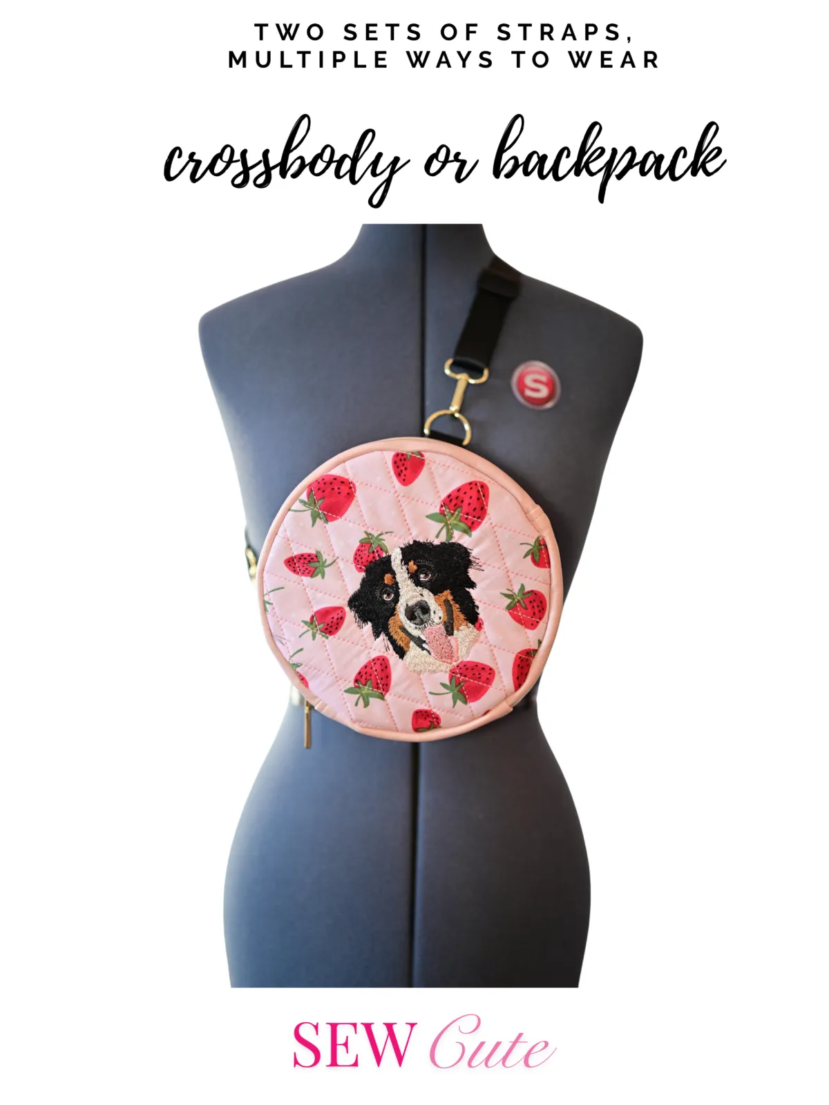 Custom Handmade Pet Portrait Mini Bag - Round Convertible Strawberry Quilted Mini Bag - Image 2