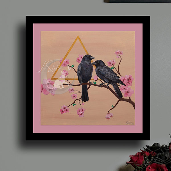 Crow and Cherry Blossom Painting: Acrylic Handpainted Cottagecore Bird Wall Art Print