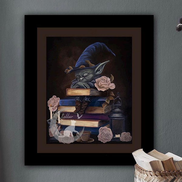 Book Goblin Art Print: Dark Academia Wizard with Witch Hat Acrylic Painting