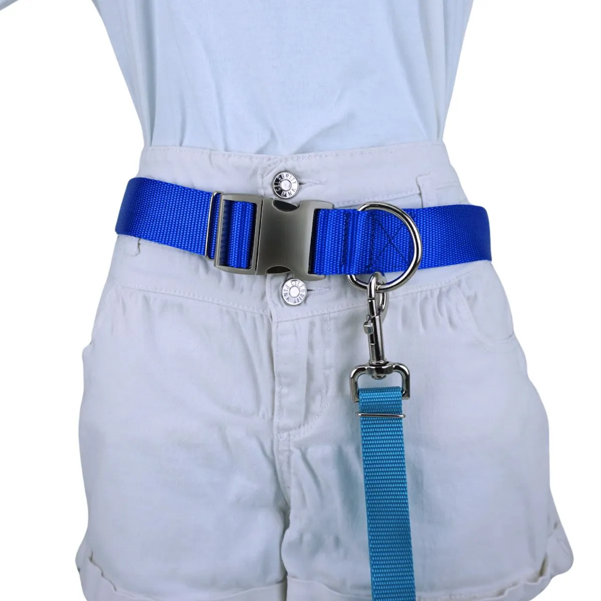 heavy duty leash belt with one and one half inch wide heavy duty webbing and an aluminum buckle
