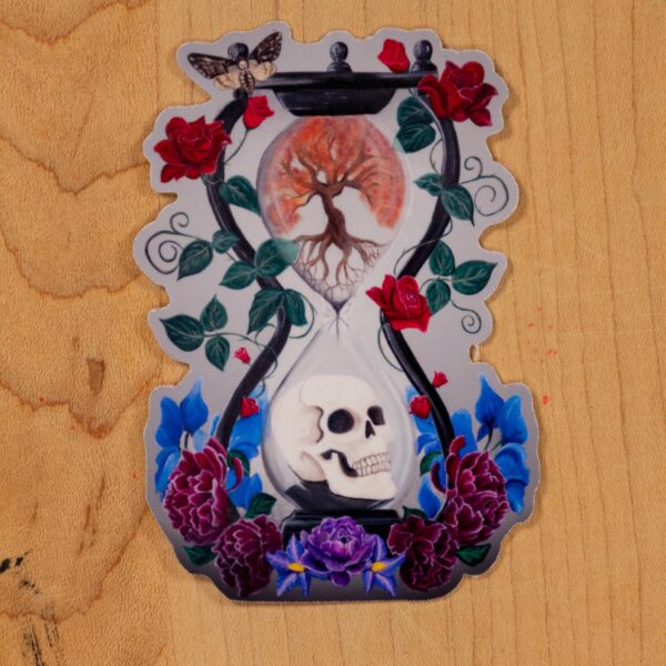Memento Mori Vinyl Sticker: Gothic Skull, Dark Floral, Clear/Holographic, Hand-Painted Art